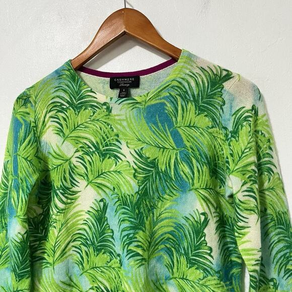 Charter Club Tropical Palm Print Cashmere Sweater Size S Green Quiet Luxury - Picture 3 of 6